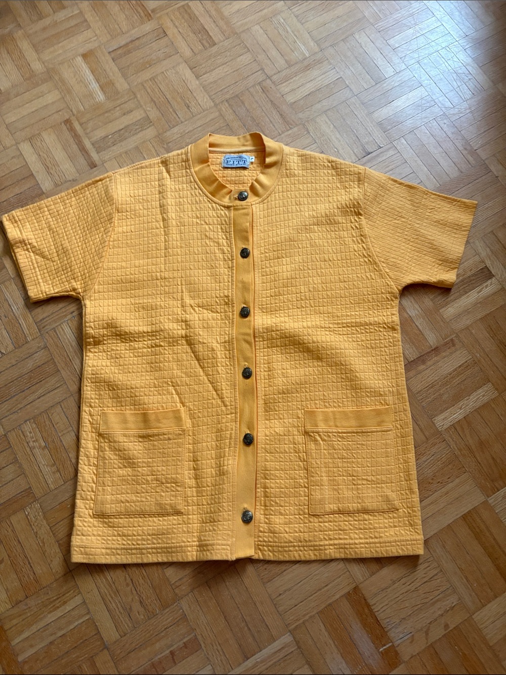 Short-Sleeve Quilted Button-Up Shirt Jacket in Yellow